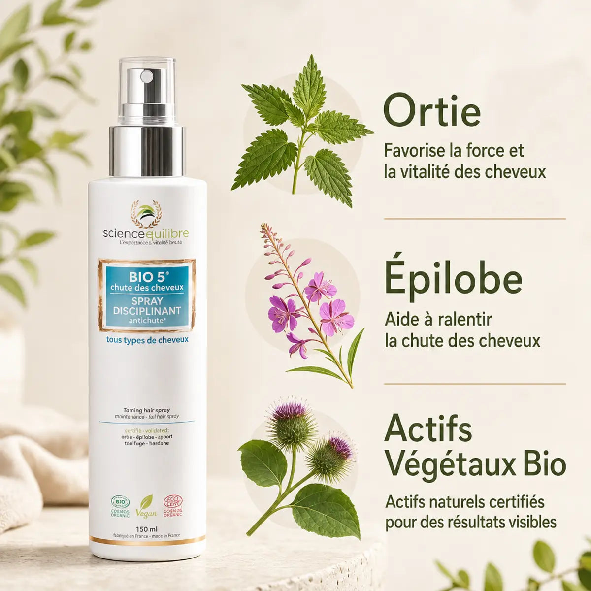 BIO 5 Spray antichute bio avec ingrédients naturels : Ortie, Épilobe et actifs végétaux
