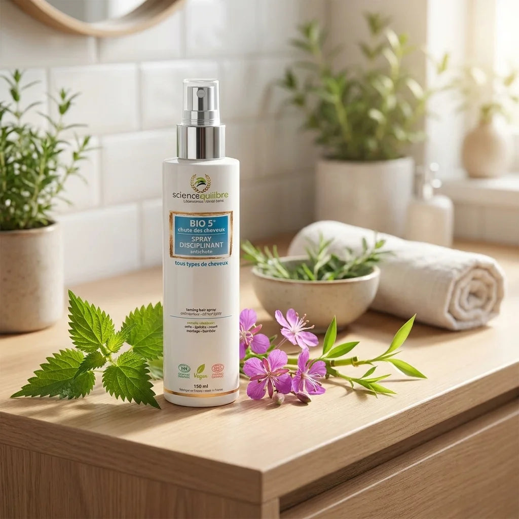 Spray BIO 5 disciplinant antichute vegan sur vanité spa avec plantes botaniques