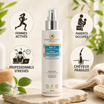 Spray disciplinant antichute BIO 5 certifié bio et vegan entouré d'icônes cibles