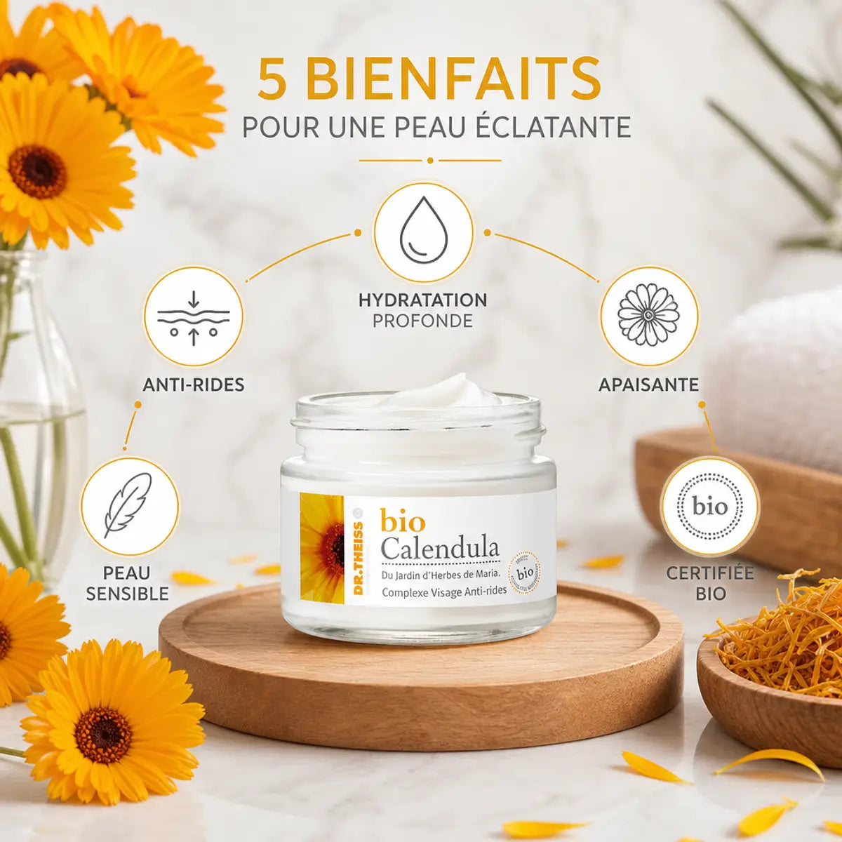 Bio Calendula Dr.Theiss crème hydratante avec infographie des bénéfices anti-rides et apaisants