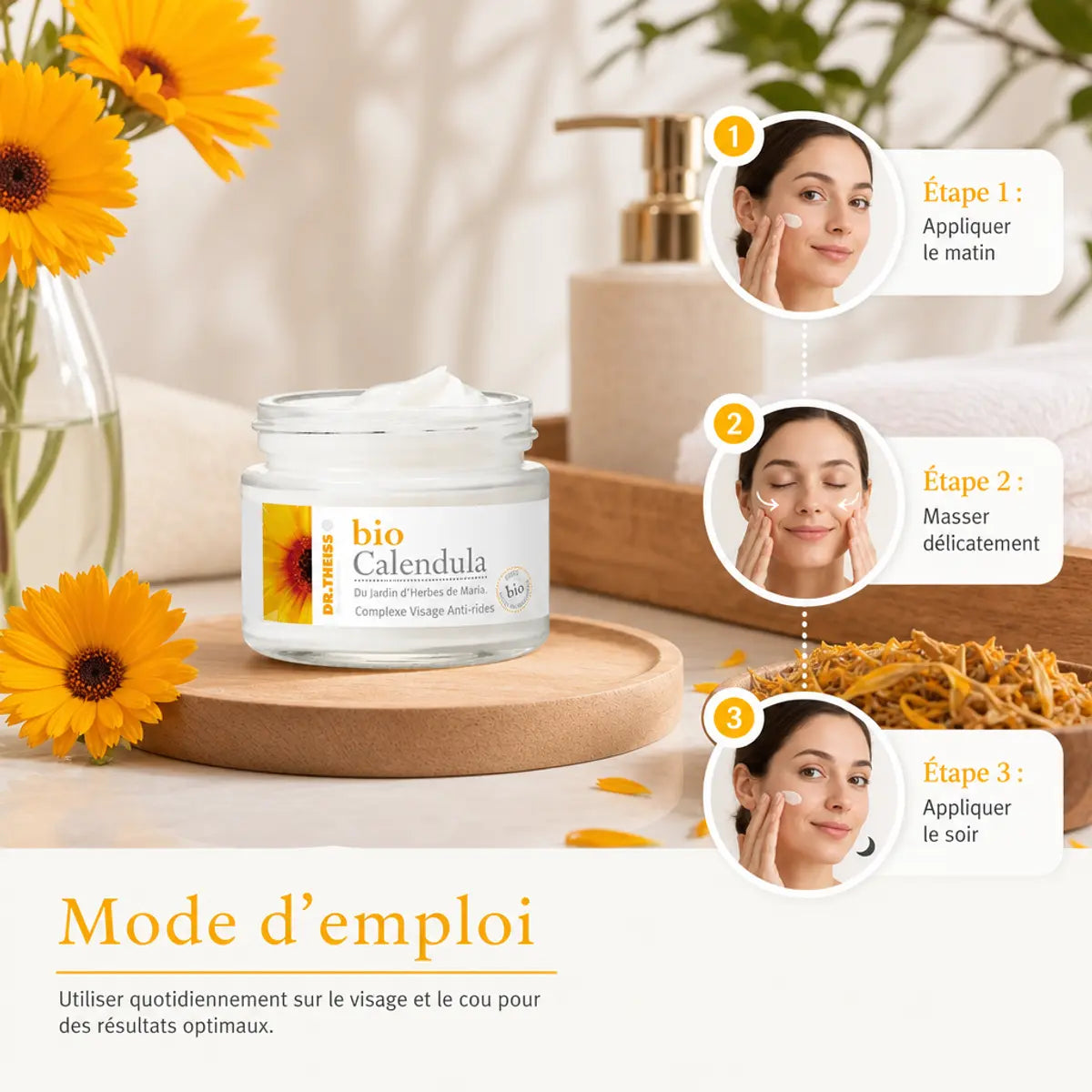 Crème Bio Calendula Dr.Theiss avec mode d'emploi visage anti-rides et fleurs botaniques