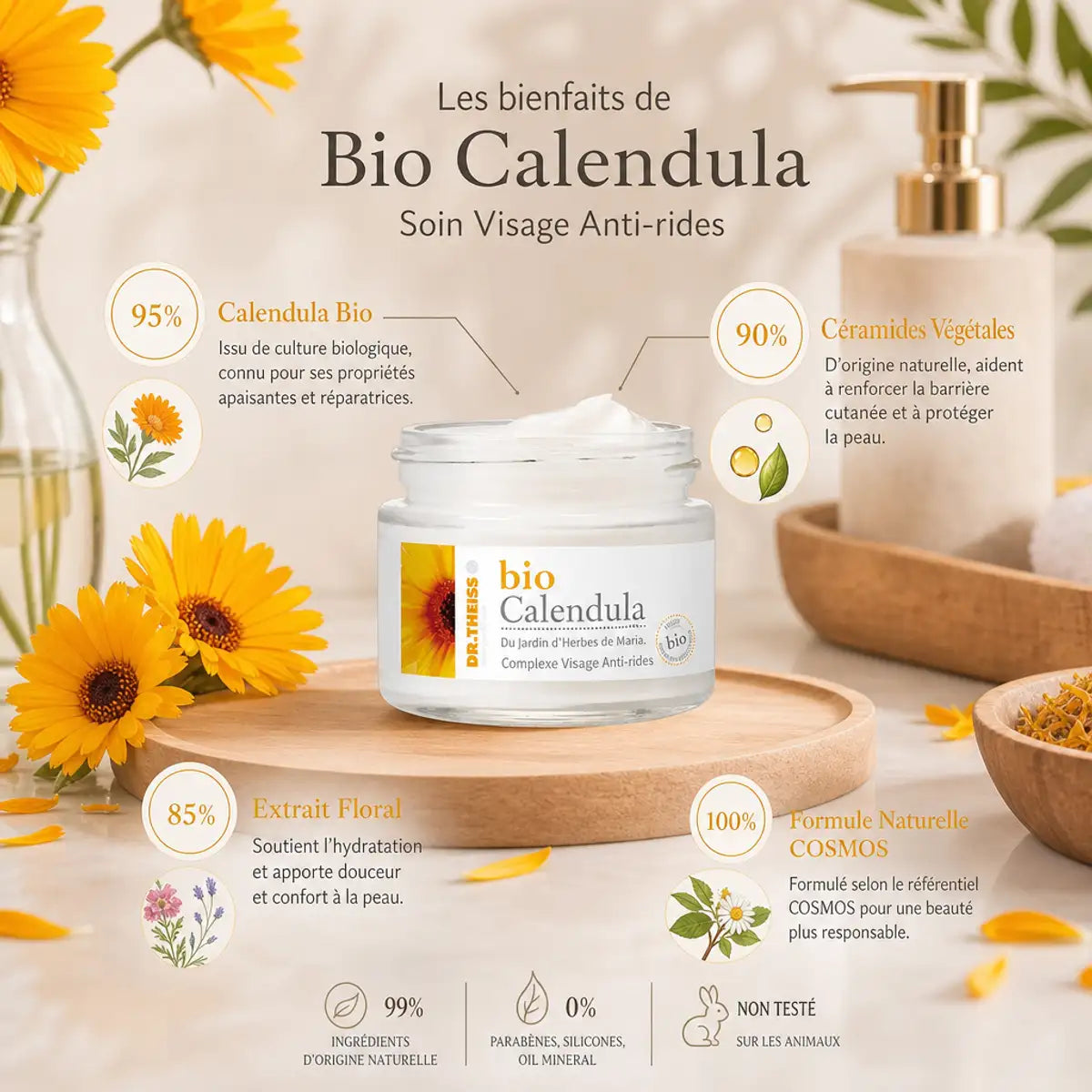 Bio Calendula Dr.Theiss crème pot blanc avec fleurs et ingrédients naturels
