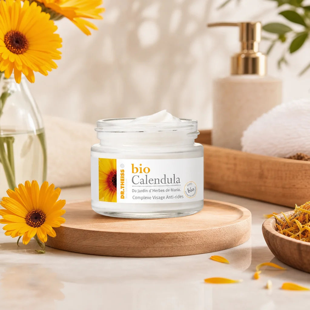 Crème Bio Calendula Dr.Theiss avec fleurs de calendula frais sur vanité minimaliste