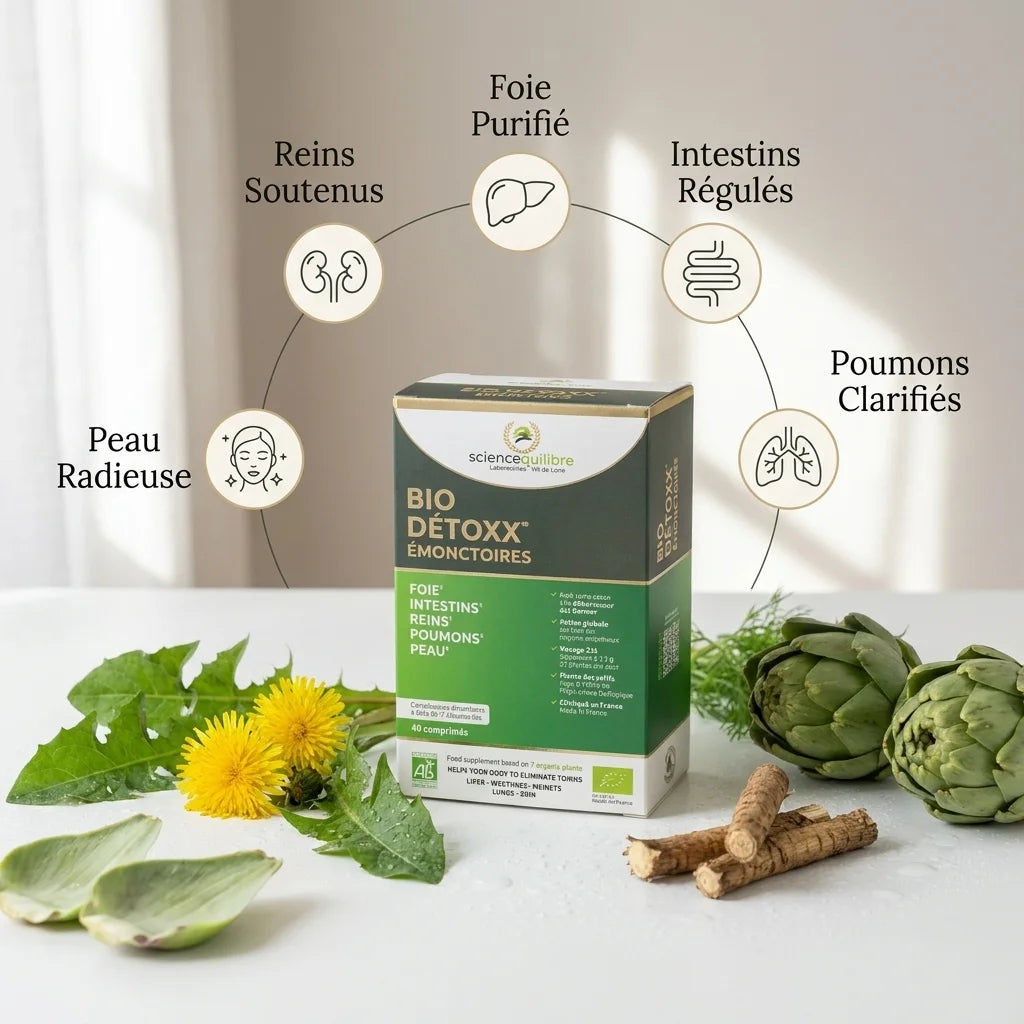 BIO DÉTOXX certifié bio en comprimés avec infographie des 5 bénéfices santé et plantes détoxifiantes