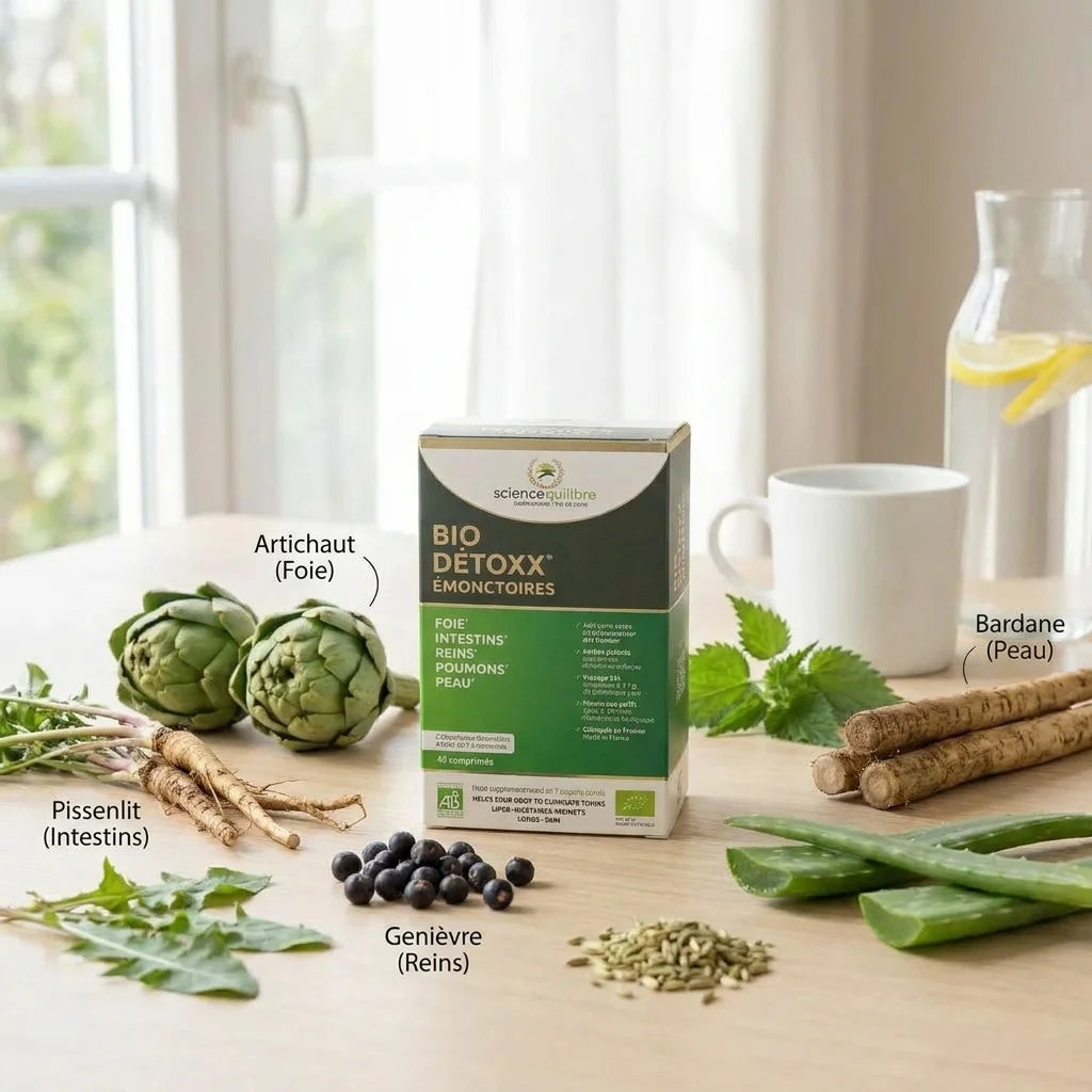 BIO DÉTOXX comprimés détox bio avec ingrédients naturels artichaut, pissenlit, bardane, genièvre sur surface bois