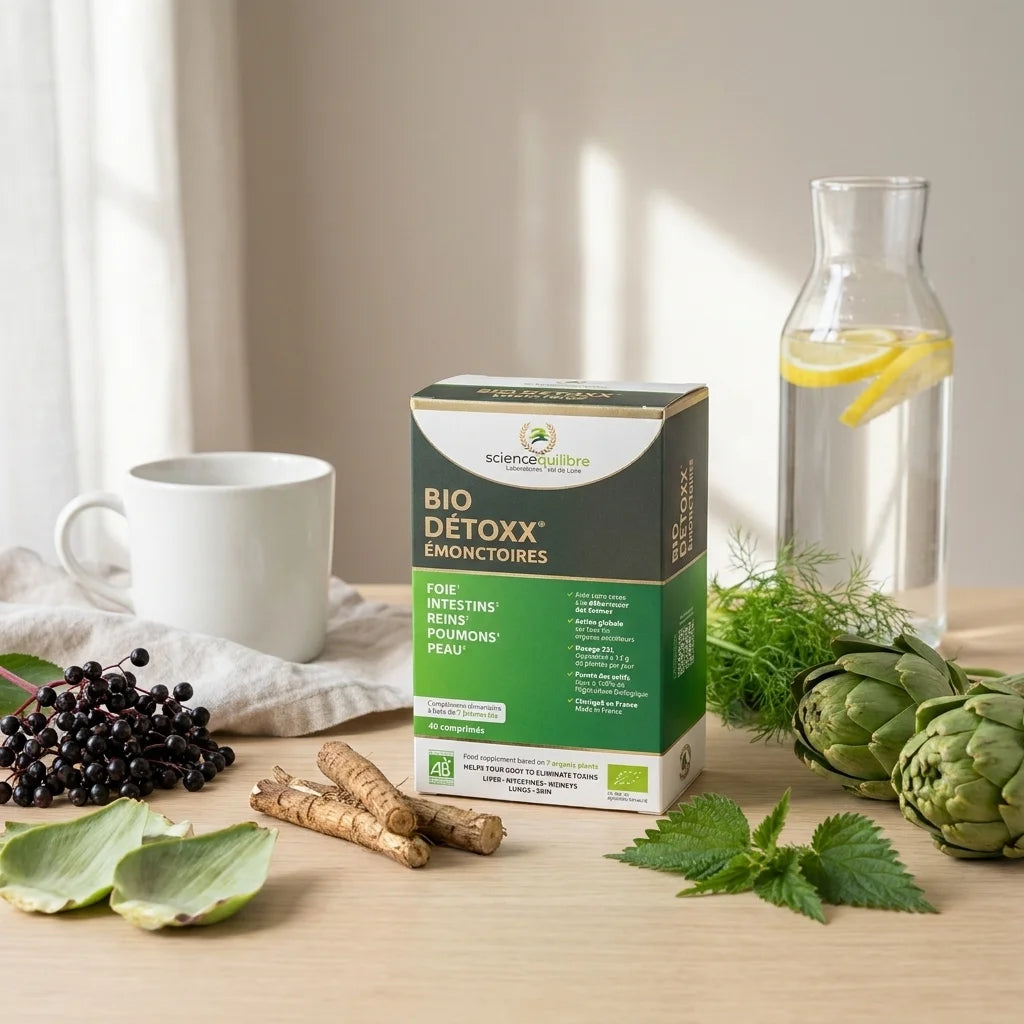 BIO DÉTOXX comprimés bio avec légumes frais et plantes wellness, détoxification naturelle certifiée