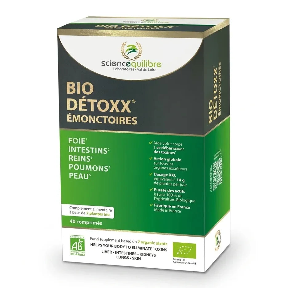 Boîte BIO DÉTOXX certifiée bio 40 comprimés Science et Équilibre sur fond blanc
