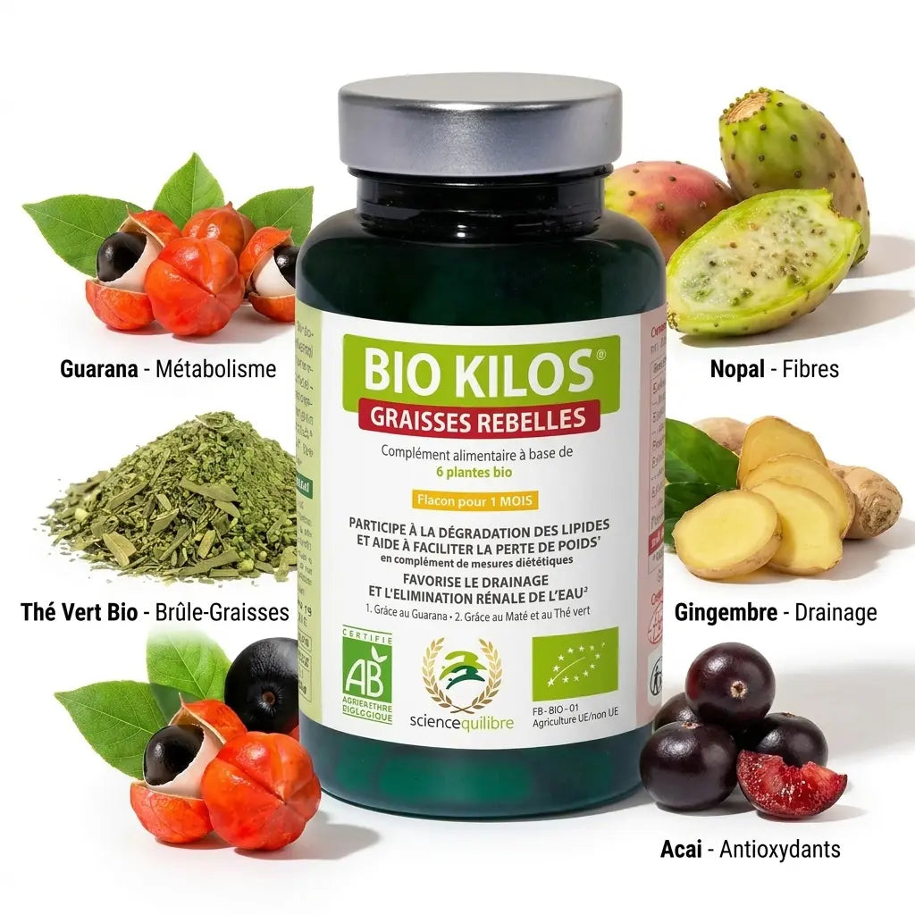 BIO KILOS Graisses Rebelles bio en comprimés avec ingrédients naturels Guarana, Thé Vert, Nopal et Acai