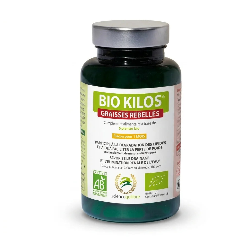 Supplément BIO KILOS Graisses Rebelles certifié bio en flacon verre vert, étiquette blanche et capsule argentée