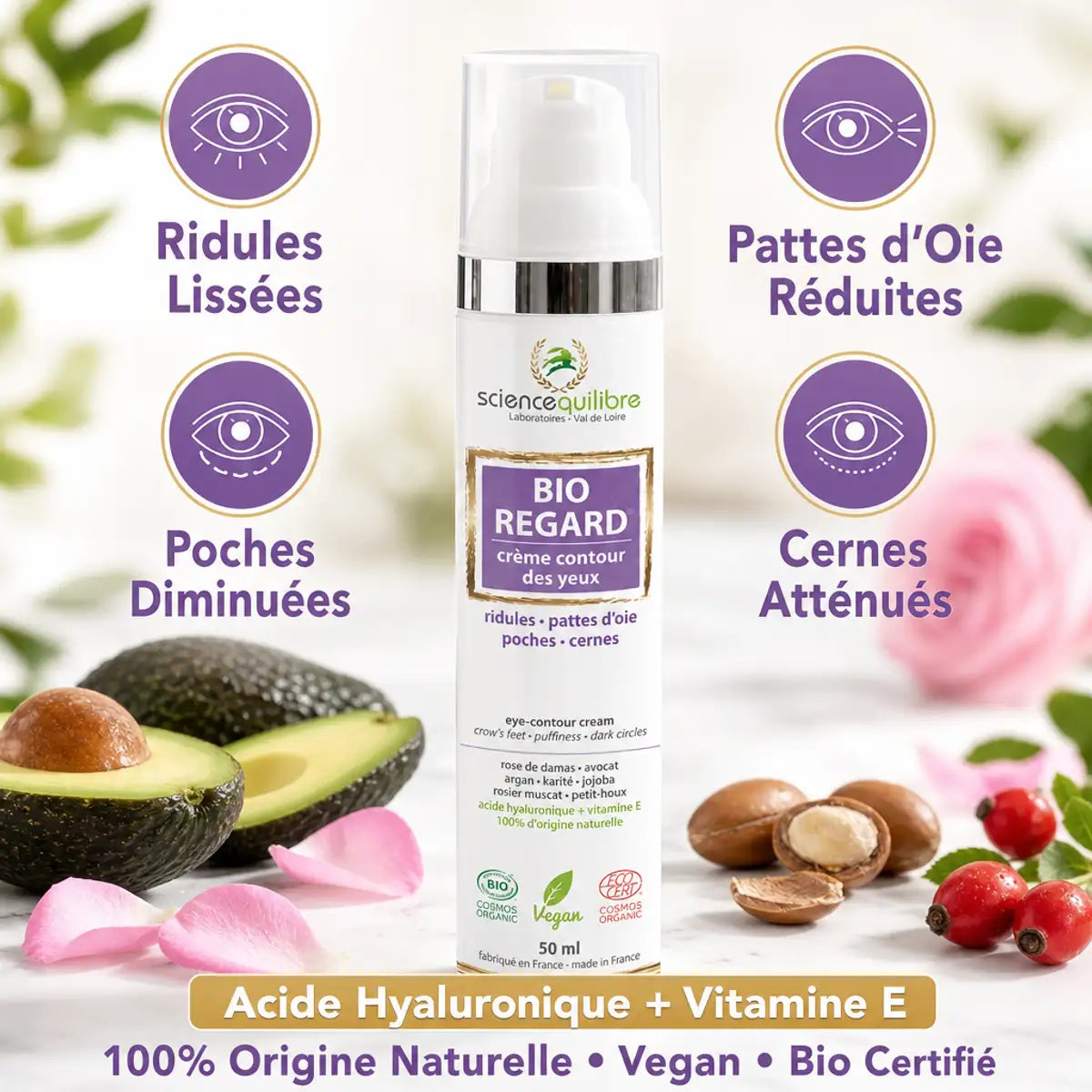 BIO REGARD crème contour yeux bio vegan avec bénéfices : ridules lissées, cernes atténués, poches diminuées