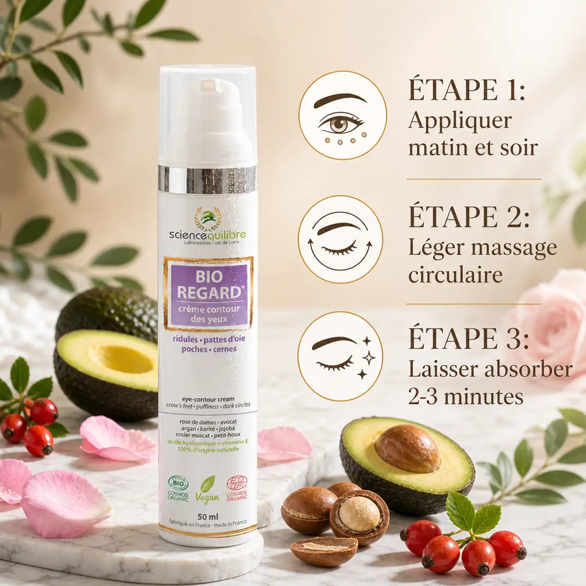 BIO REGARD crème contour yeux bio vegan avec mode d'emploi, ingrédients naturels sur marbre