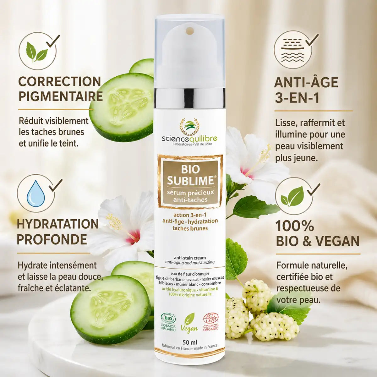 Sérum anti-taches BIO SUBLIME certifié bio et vegan avec ingrédients naturels et bénéfices skincare