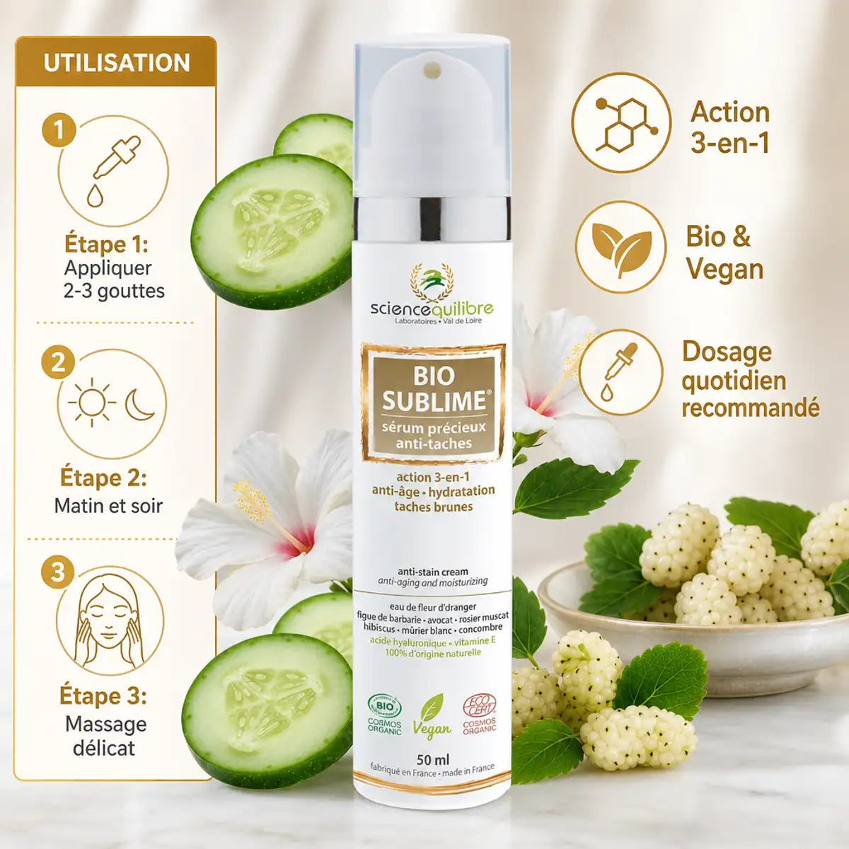 Sérum anti-taches BIO SUBLIME bio et vegan avec guide d'application et ingrédients naturels