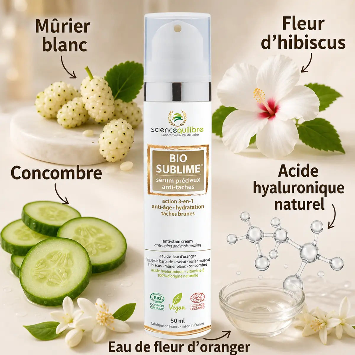 Sérum Anti-Taches BIO SUBLIME bio vegan avec ingrédients naturels: mûrier blanc, concombre, hibiscus et acide hyaluronique
