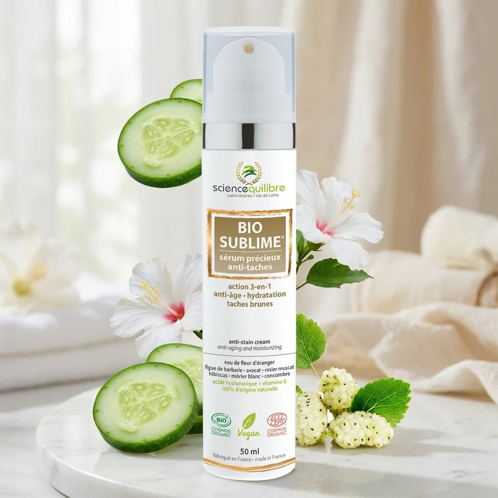 Sérum anti-taches BIO SUBLIME bio et vegan avec fleurs et marbre blanc en ambiance spa