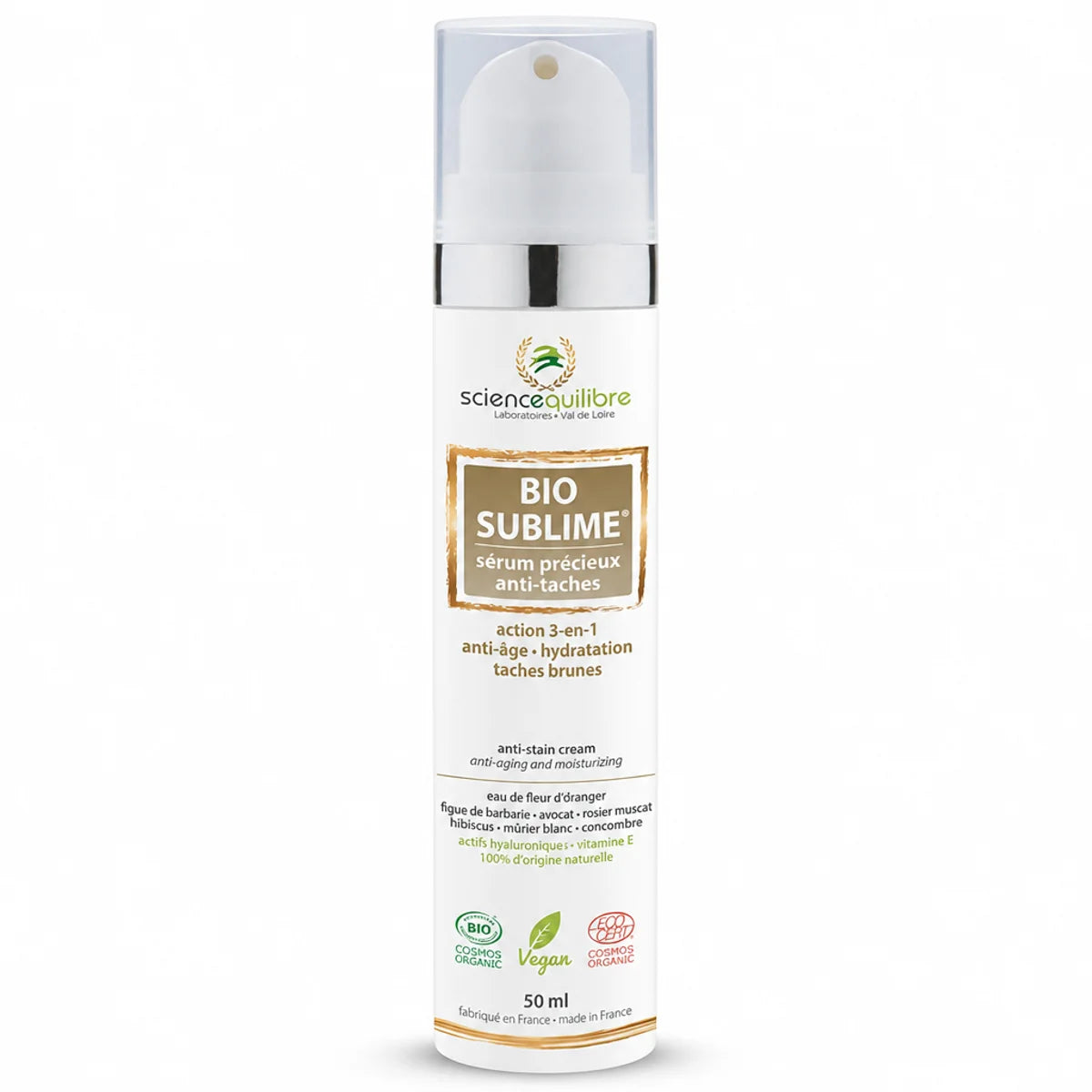 BIO SUBLIME Sérum Anti-Taches certifié bio et vegan de Science et Équilibre sur fond blanc