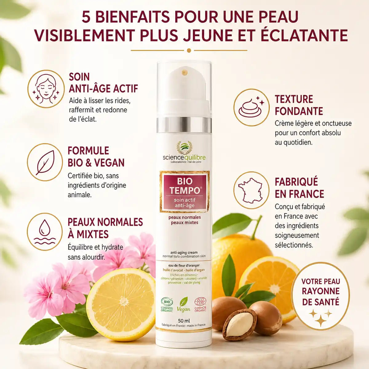 Crème anti-âge BIO TEMPO bio et vegan avec bénéfices clés et ingrédients naturels