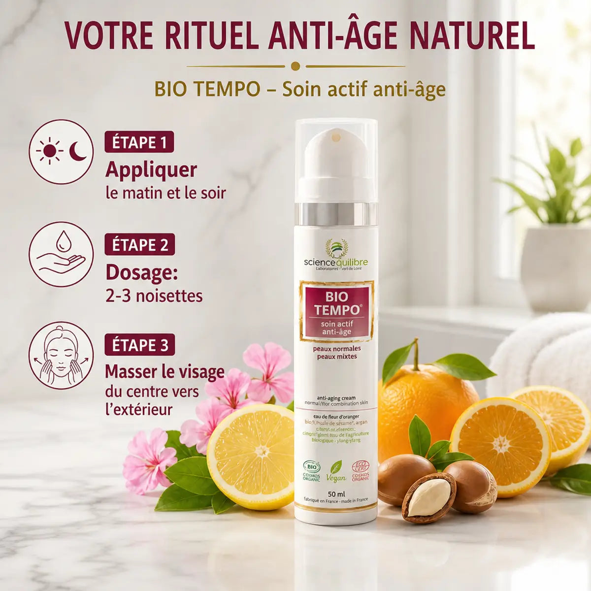 BIO TEMPO crème anti-âge bio vegan avec guide d'application et ingrédients naturels sur marbre blanc