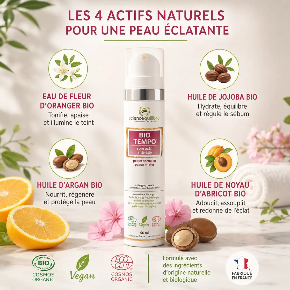BIO TEMPO crème anti-âge bio vegan avec ingrédients naturels certifiés et badges écologiques