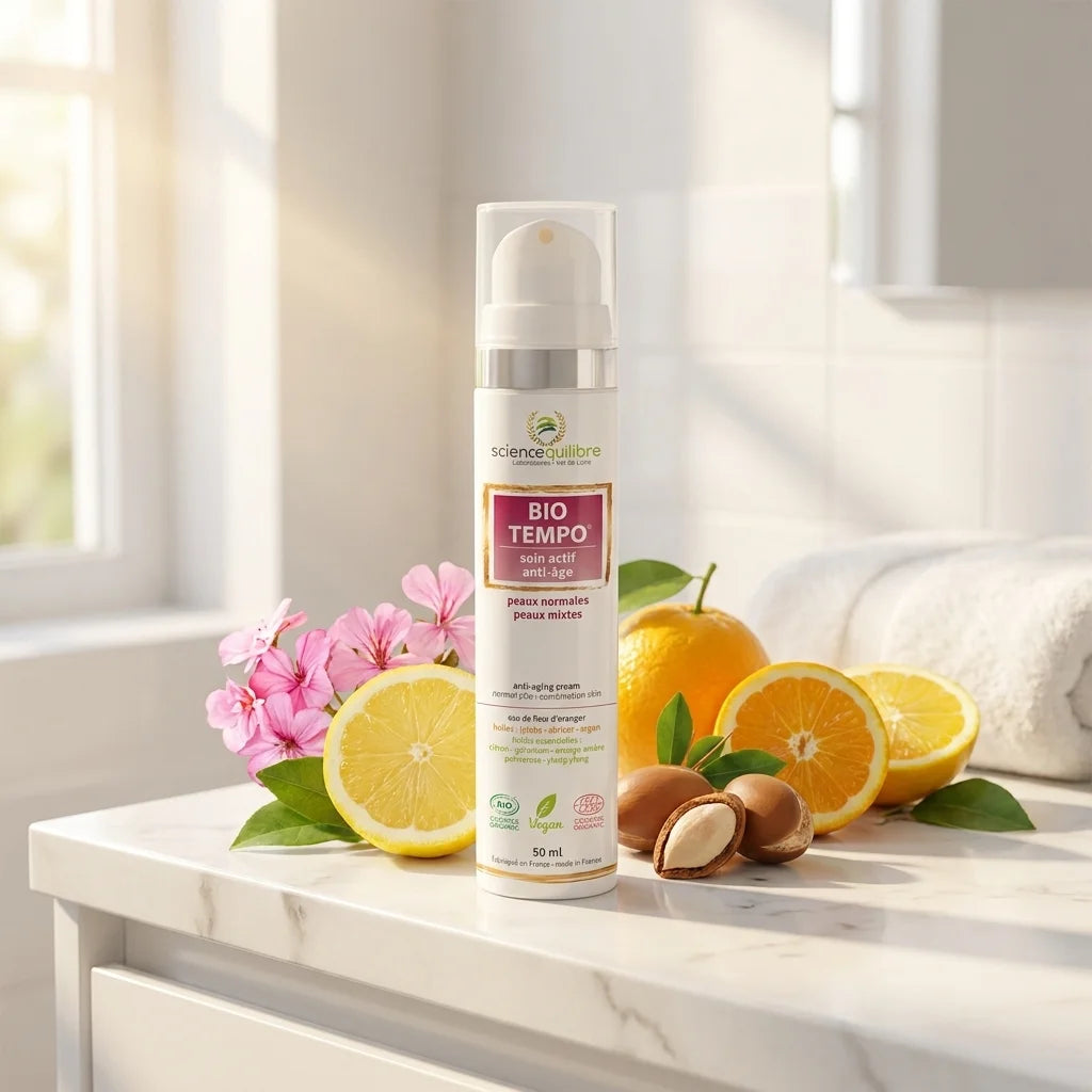 Crème BIO TEMPO anti-âge bio vegan avec ingrédients naturels et fleurs sur vanité minimaliste