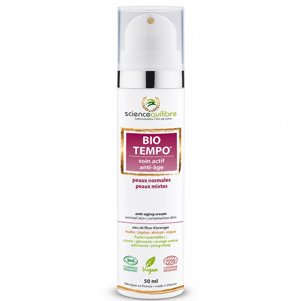 BIO TEMPO soin anti-âge bio vegan - flacon pompe blanc et étiquette bordeaux Science et Équilibre