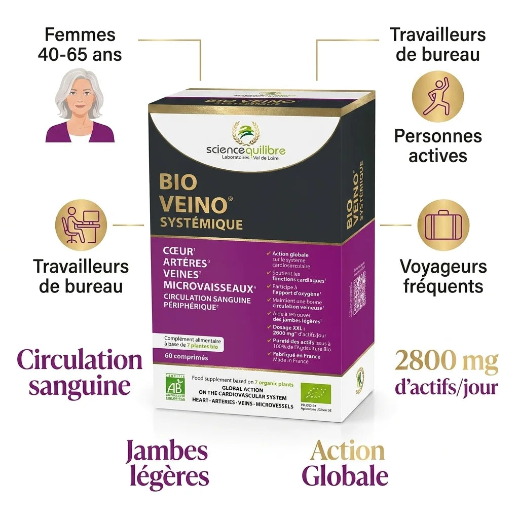 BIO VEINO Systémique bio en comprimés avec bénéfices circulation et jambes légères pour femmes et travailleurs
