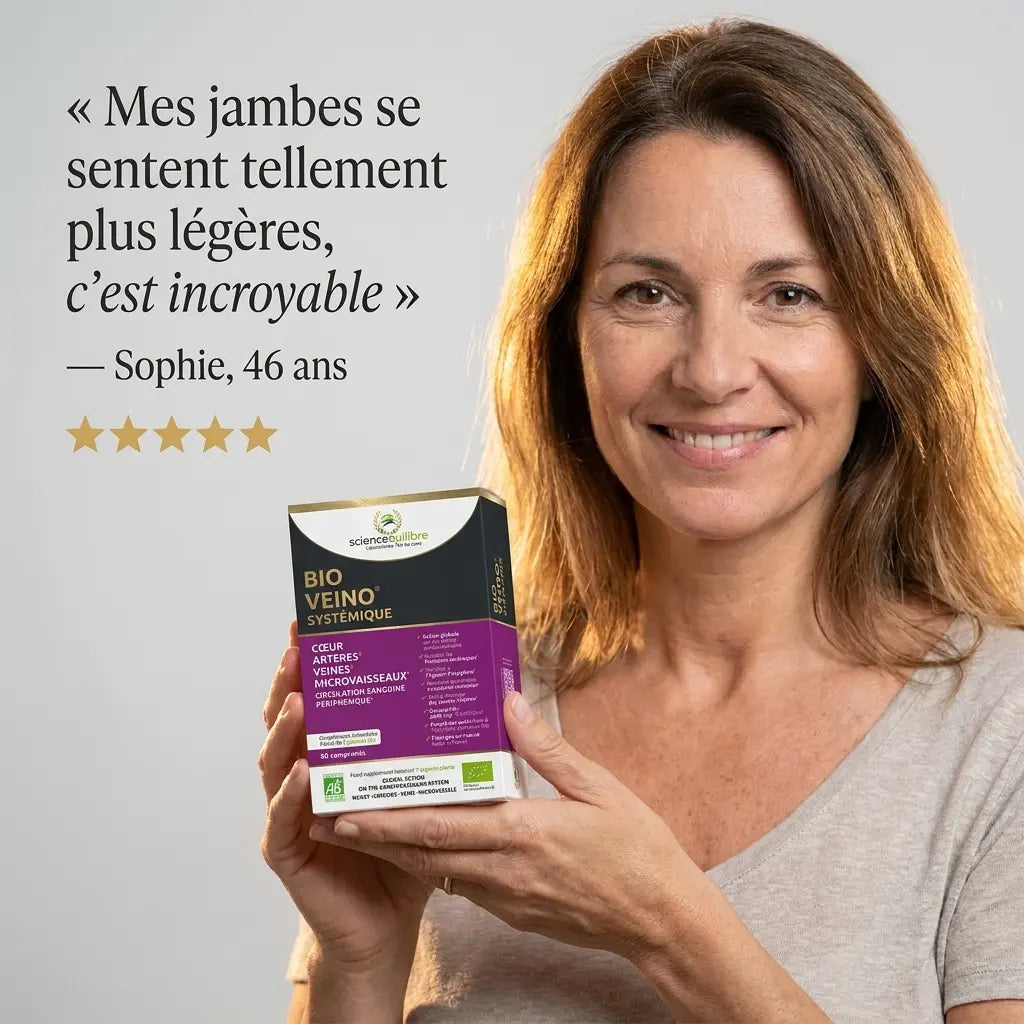 Femme tenant BIO VEINO Systémique bio en comprimés avec témoignage 5 étoiles sur légèreté des jambes