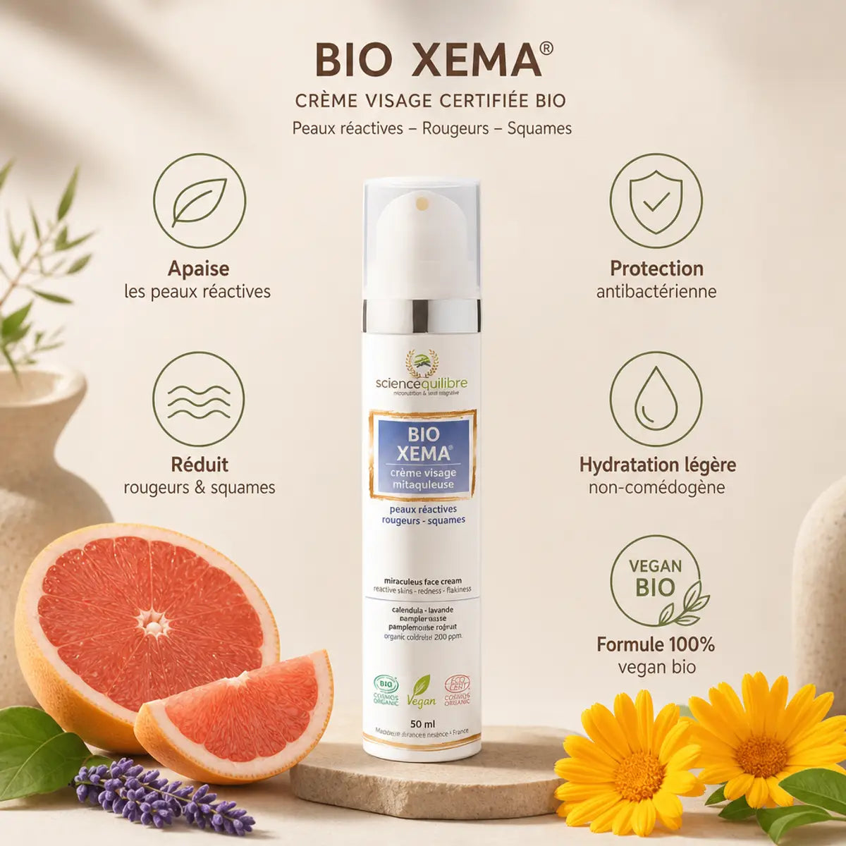BIO XEMA crème bio vegan avec bénéfices : apaise peaux réactives, réduit rougeurs, hydrate sans comédones