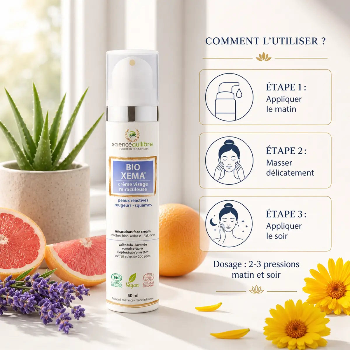 BIO XEMA crème bio vegan avec guide d'application, ingrédients naturels et fleurs en arrière-plan