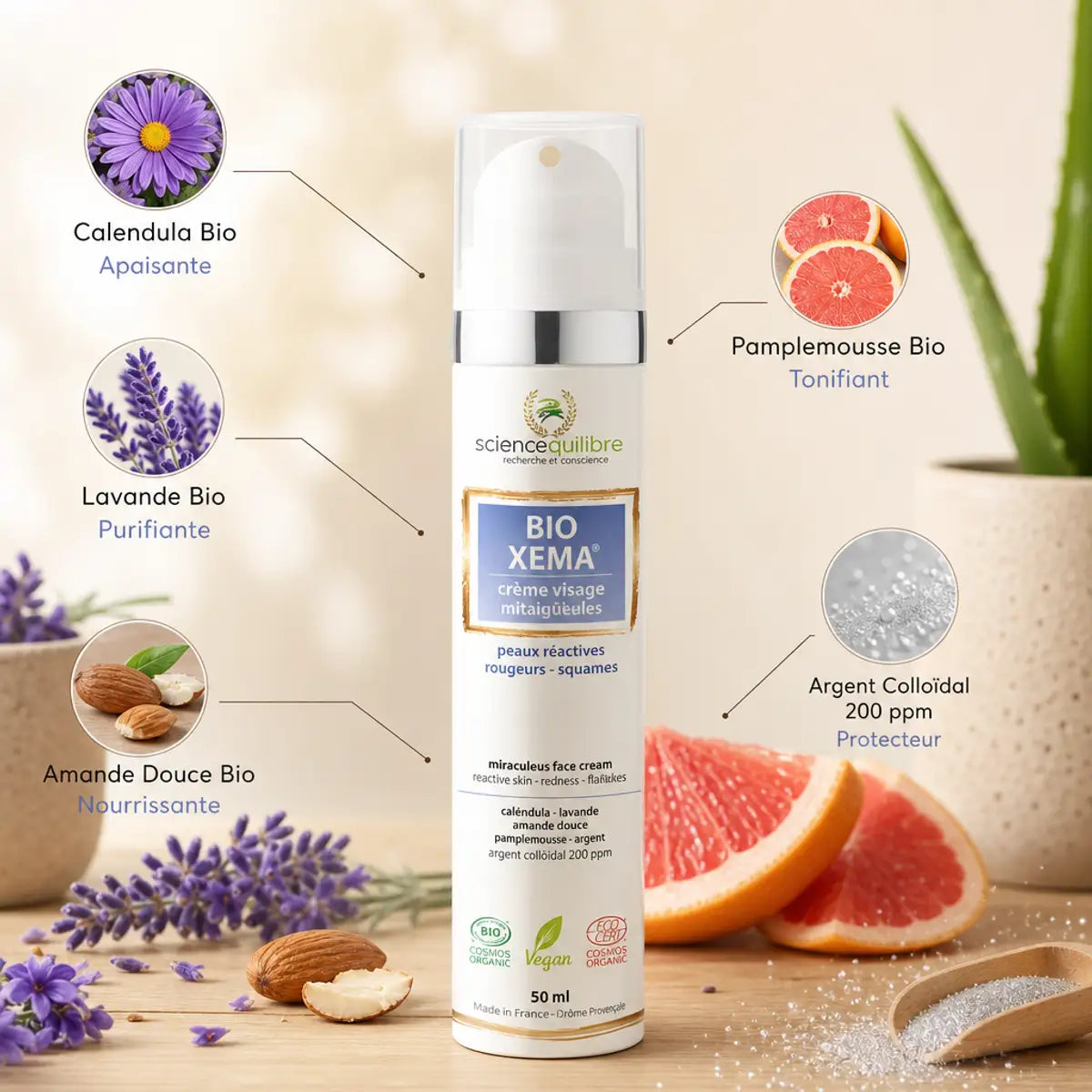 BIO XEMA crème bio vegan avec ingrédients naturels : calendula, lavande, amande douce et argent colloïdal
