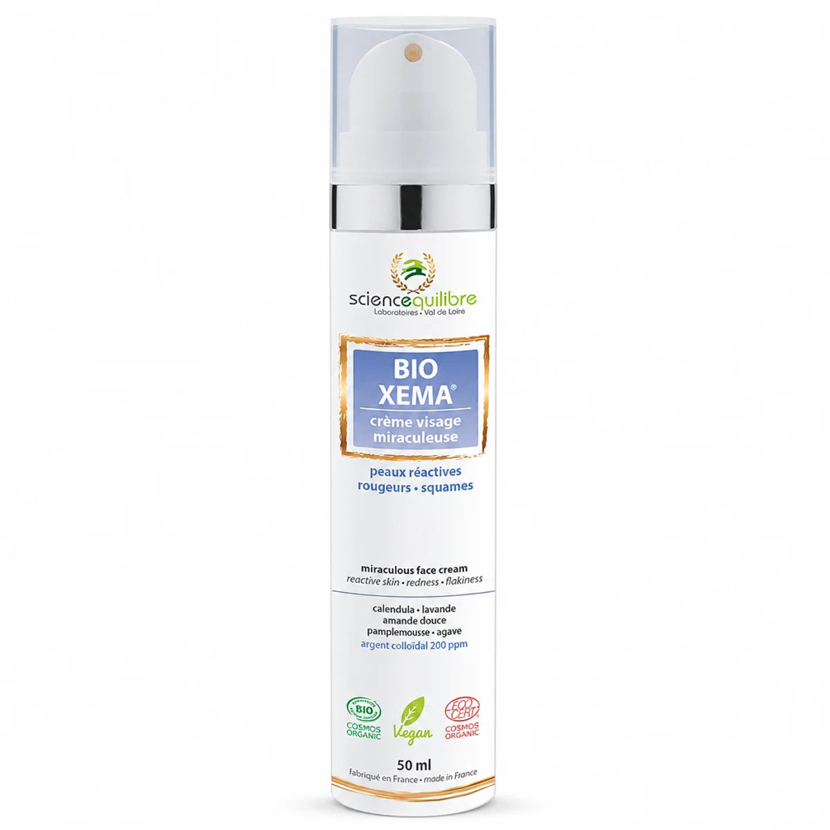Crème BIO XEMA certifiée bio vegan en flacon blanc avec pompe, packaging bleu et blanc