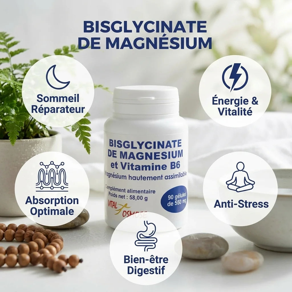 Bisglycinate de Magnésium et Vitamine B6 en gélules avec infographies des bénéfices sommeil, énergie et bien-être