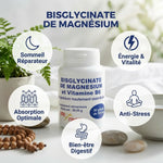 Bisglycinate de Magnésium et Vitamine B6 en gélules avec infographies des bénéfices sommeil, énergie et bien-être