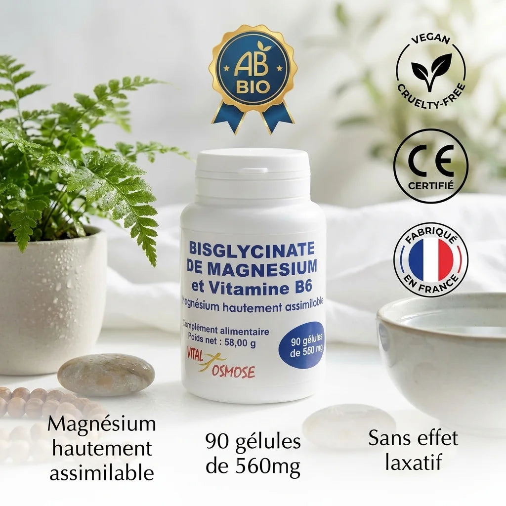 Bisglycinate de Magnésium et Vitamine B6 en gélules Vital Osmose, certifié bio et fabriqué en France
