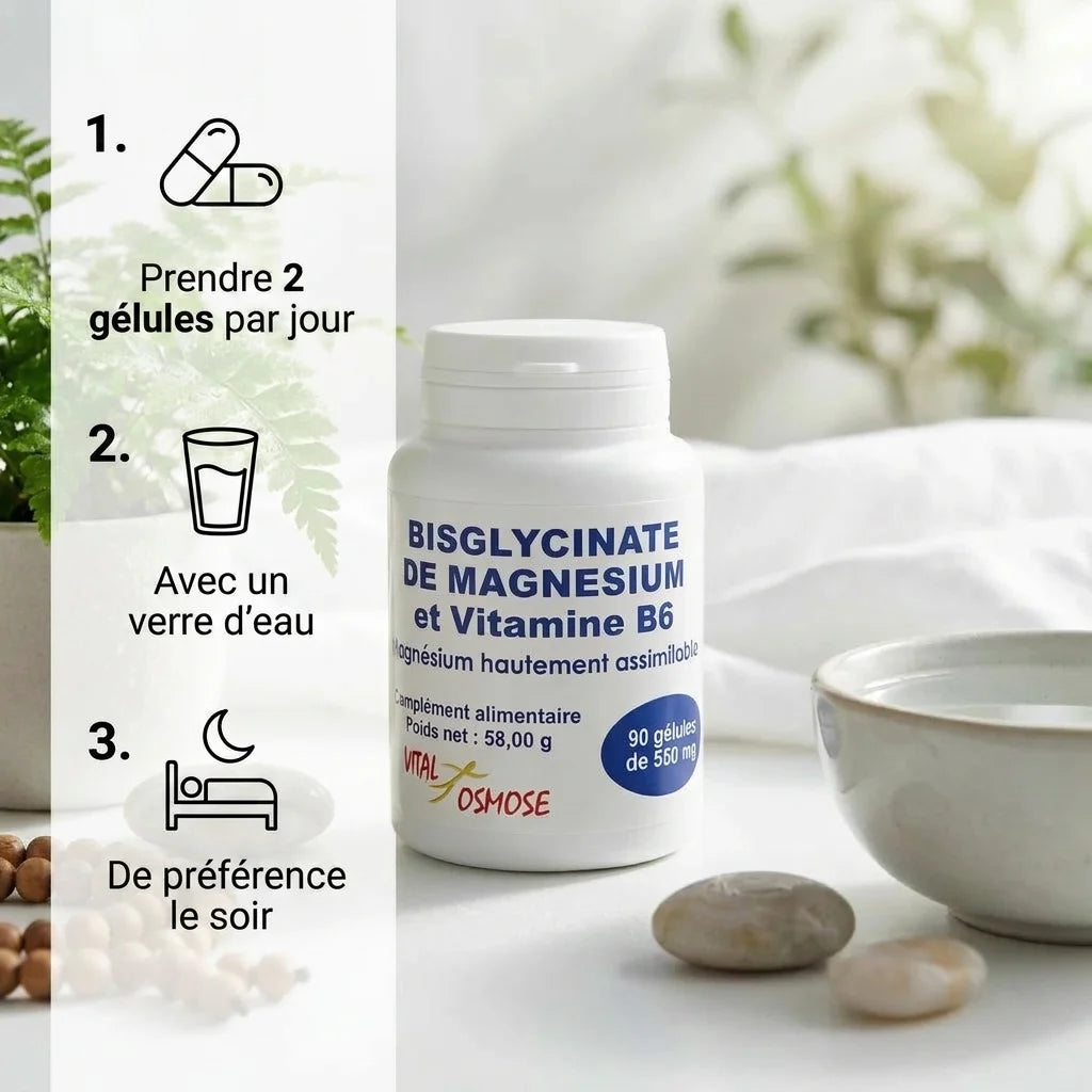 Bisglycinate de Magnésium et Vitamine B6 en gélules avec guide posologie et éléments wellness