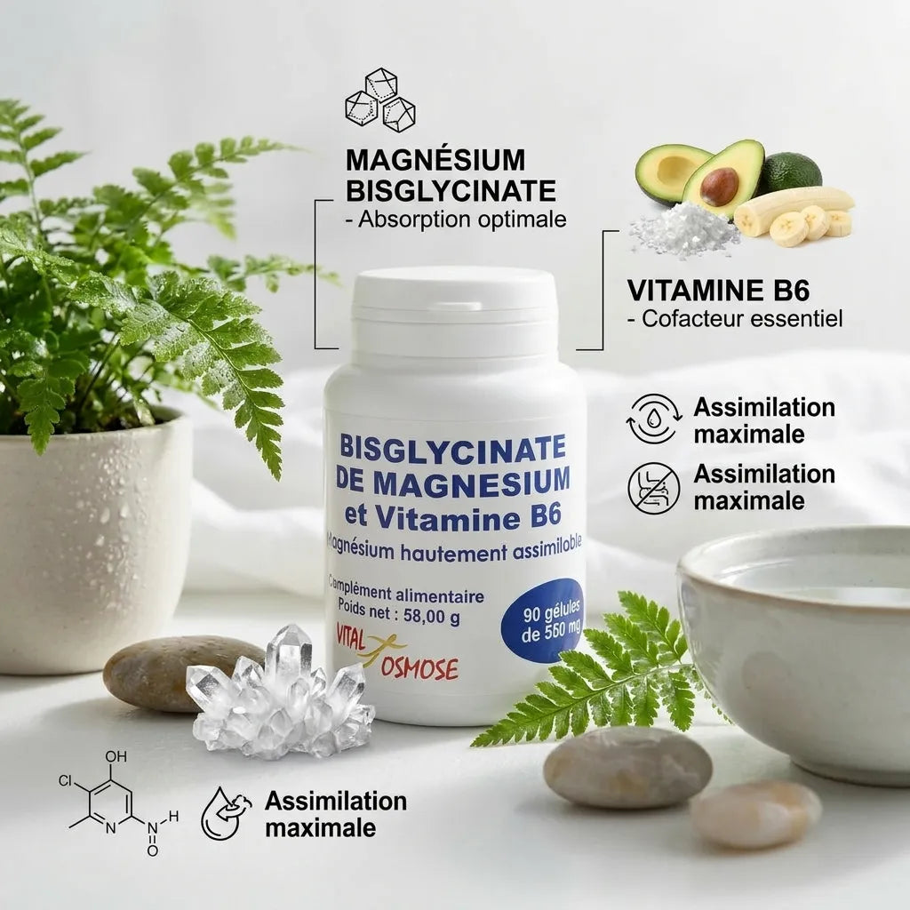 Bisglycinate de Magnésium et Vitamine B6 en gélules avec cristaux et éléments naturels