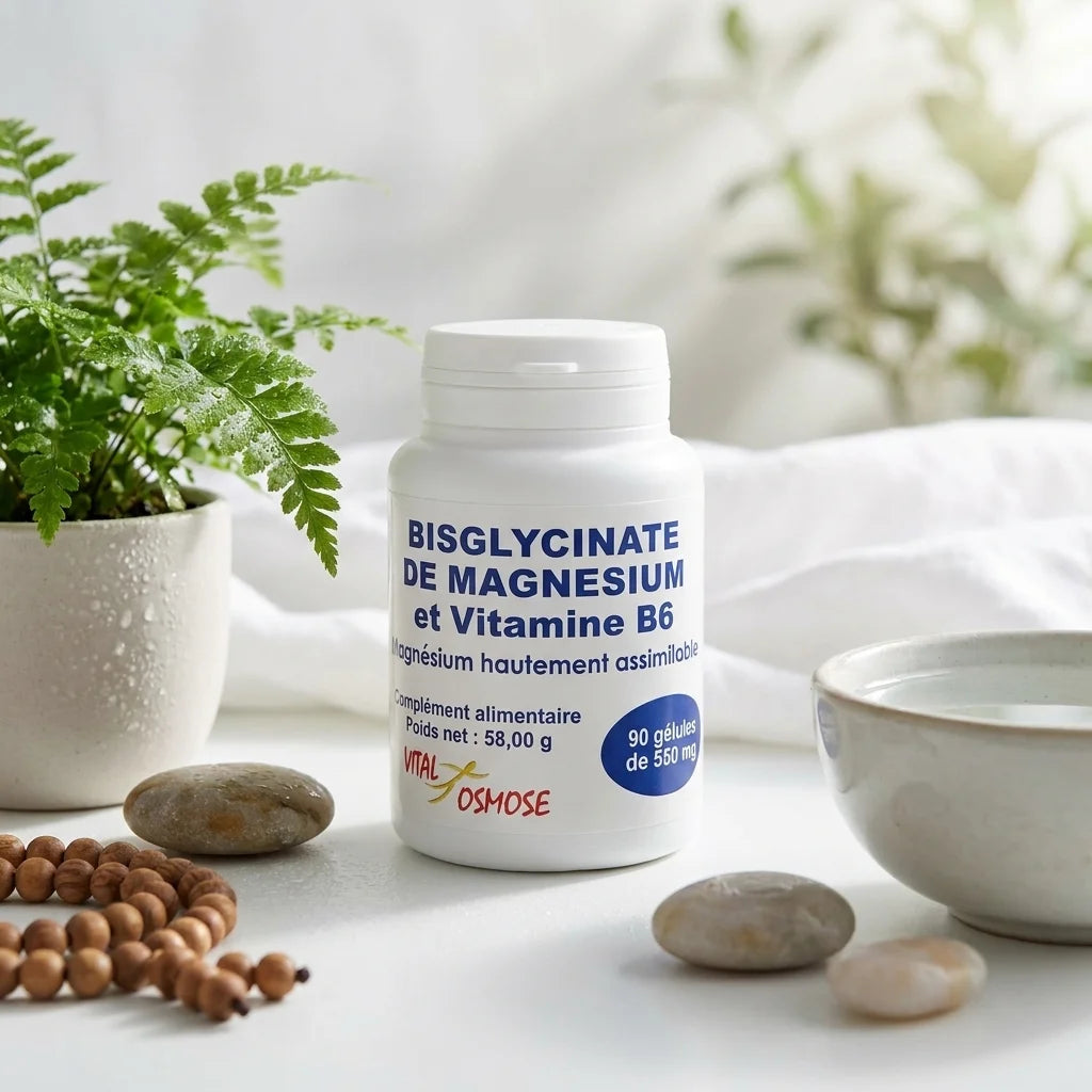 Flacon Bisglycinate de Magnésium et Vitamine B6 Vital Osmose avec plantes et éléments wellness