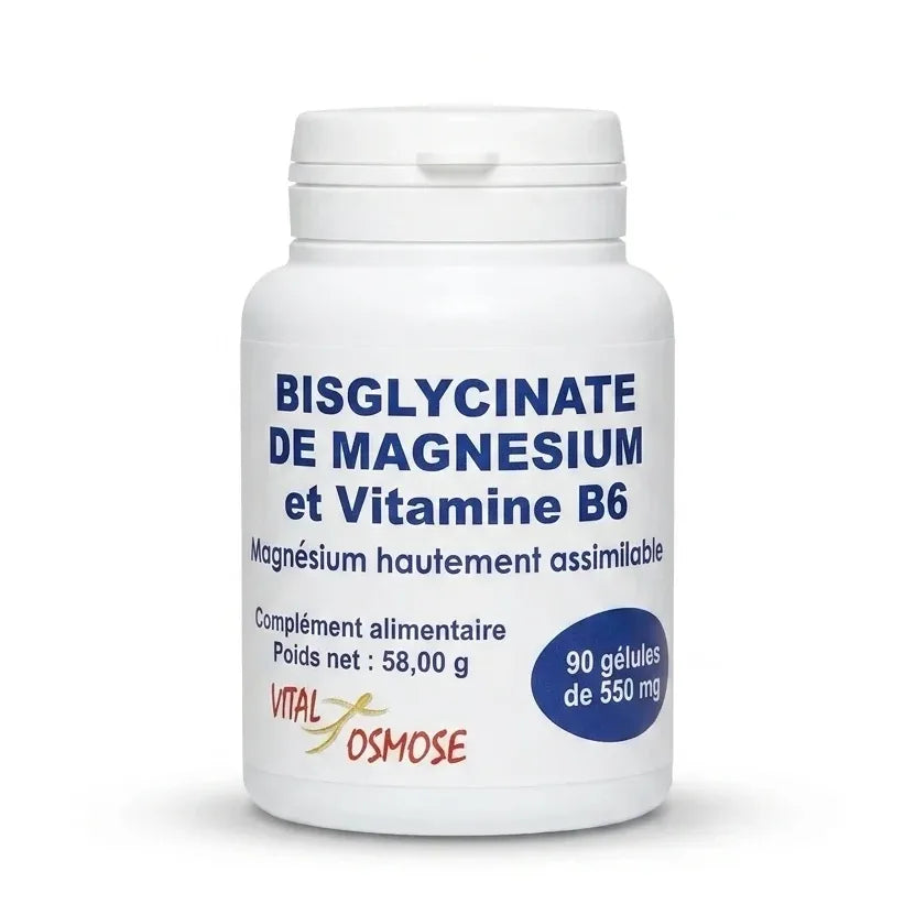 Flacon blanc de Bisglycinate de Magnésium et Vitamine B6, 90 gélules de 560 mg