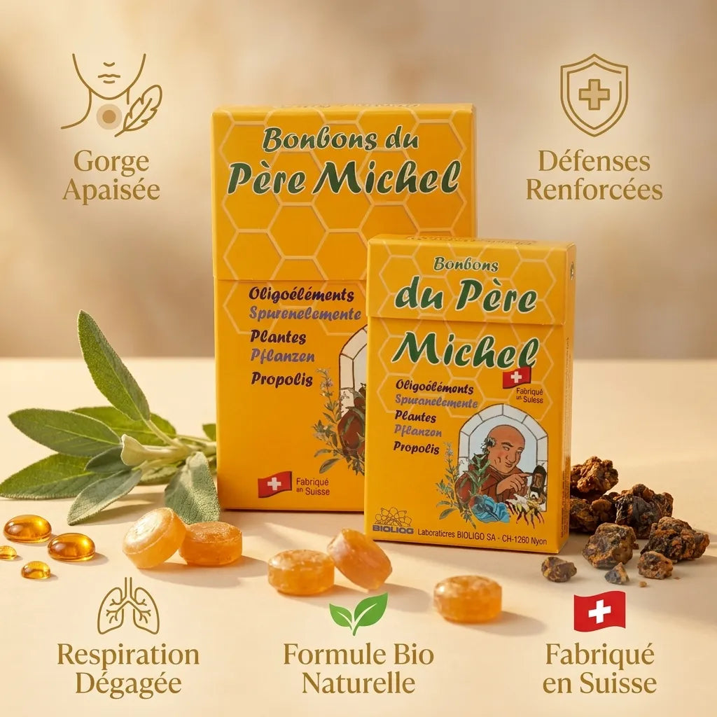 Bonbons du Père Michel Bioligo - Boîtes de bonbons bio avec bénéfices : gorge apaisée, défenses renforcées, respiration