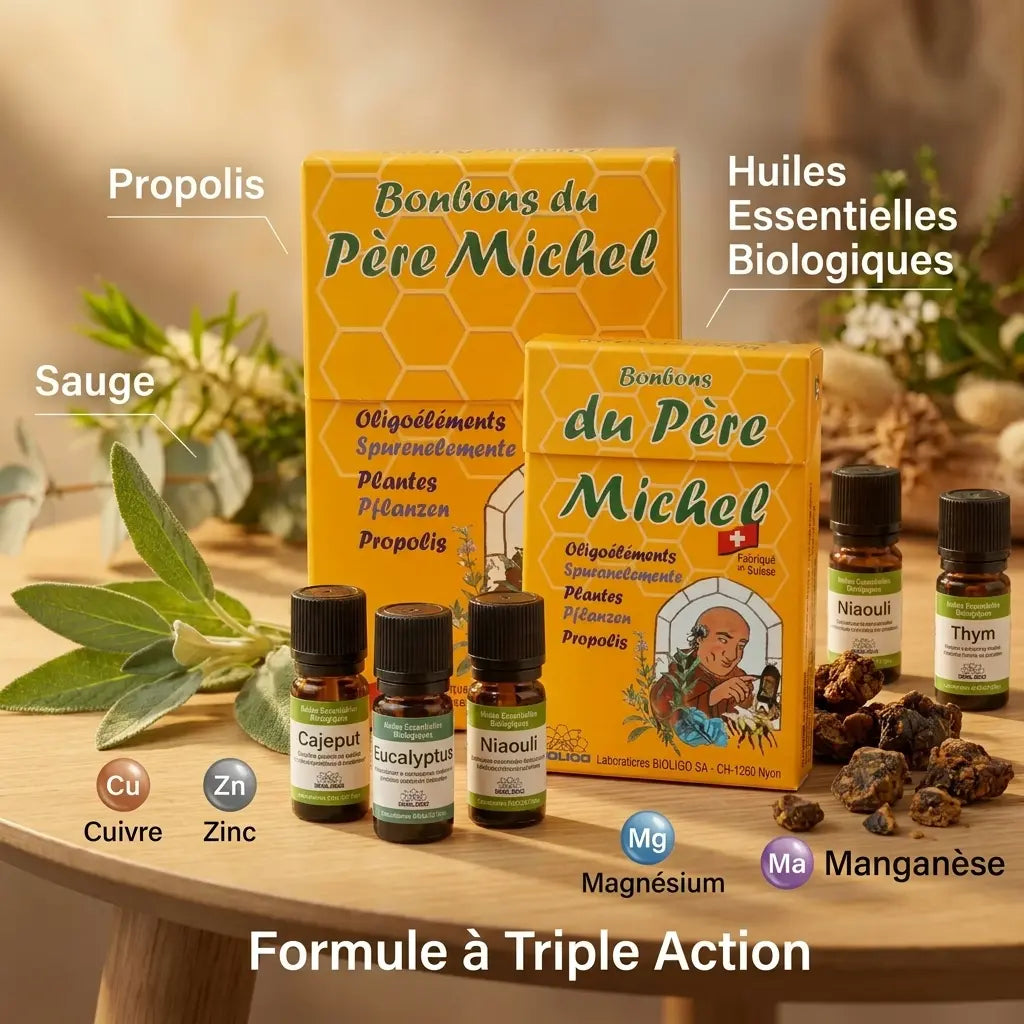 Bonbons du Père Michel avec propolis, sauge et huiles essentielles biologiques - formule triple action