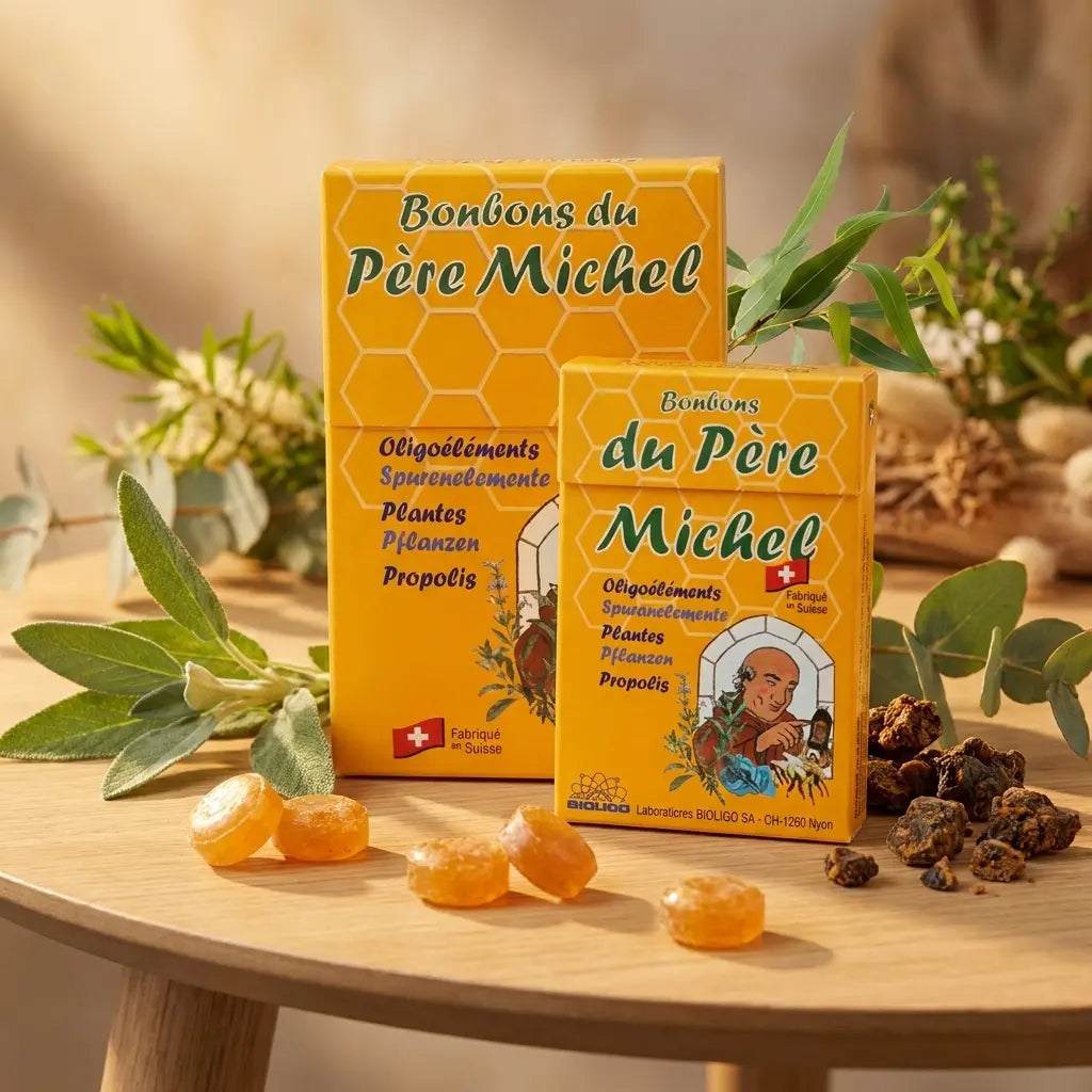 Bonbons du Père Michel Bioligo avec ingrédients naturels et sauge sur table wellness