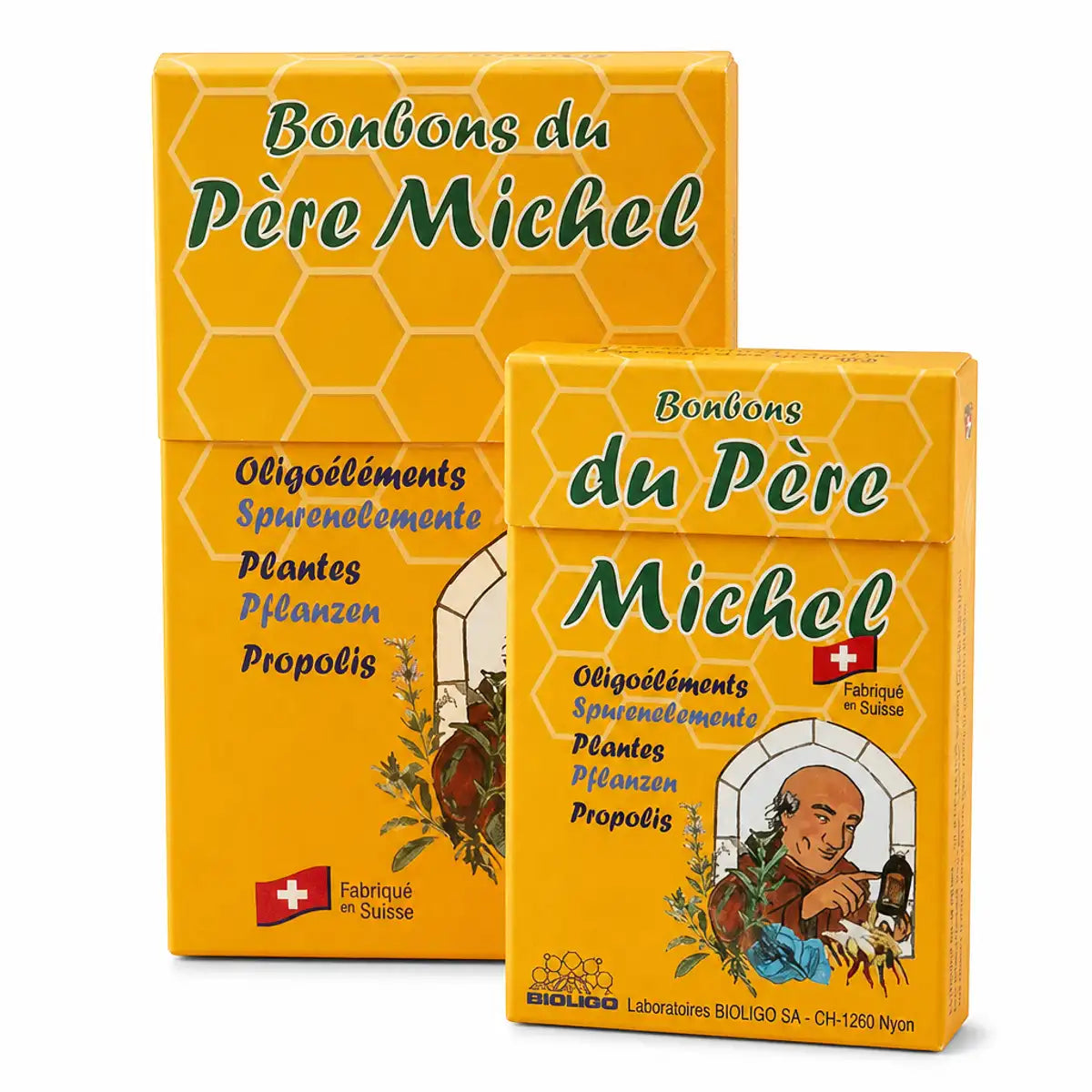 Bonbons du Père Michel Bioligo - boîtes de bonbons suisses sur fond blanc