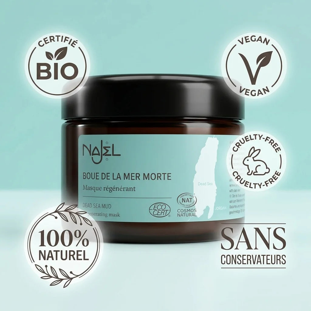 Boue de la mer Morte Najel certifiée bio, naturelle et vegan en pot verre