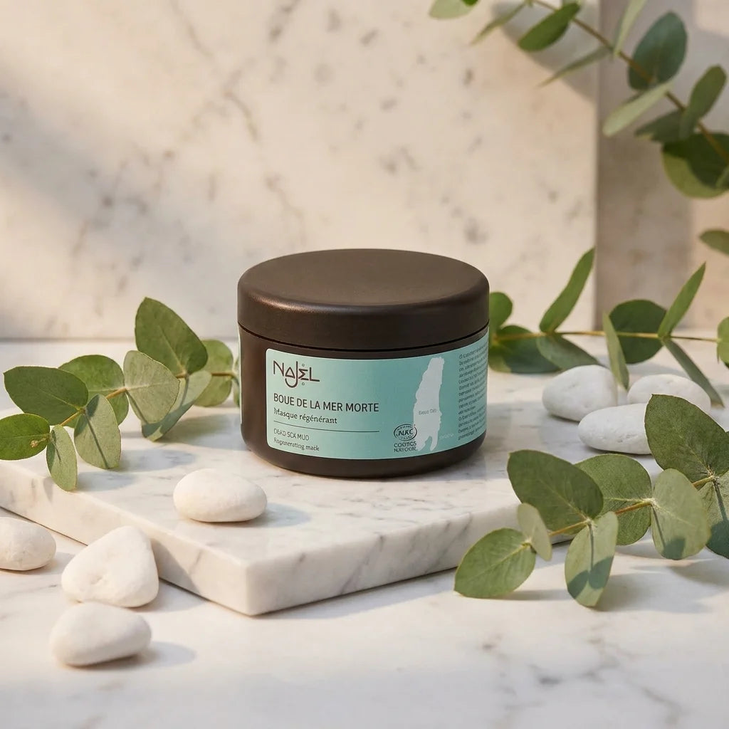 Boue de la Mer Morte Najel – pot cosmétique spa avec feuilles eucalyptus et pierres blanches