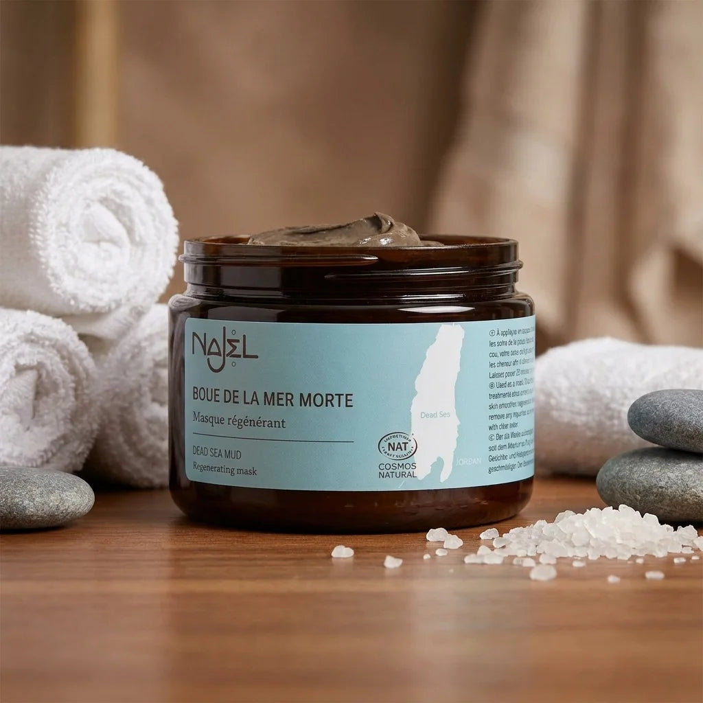 Masque boue Najel Mer Morte en pot verre avec accessoires spa wellness