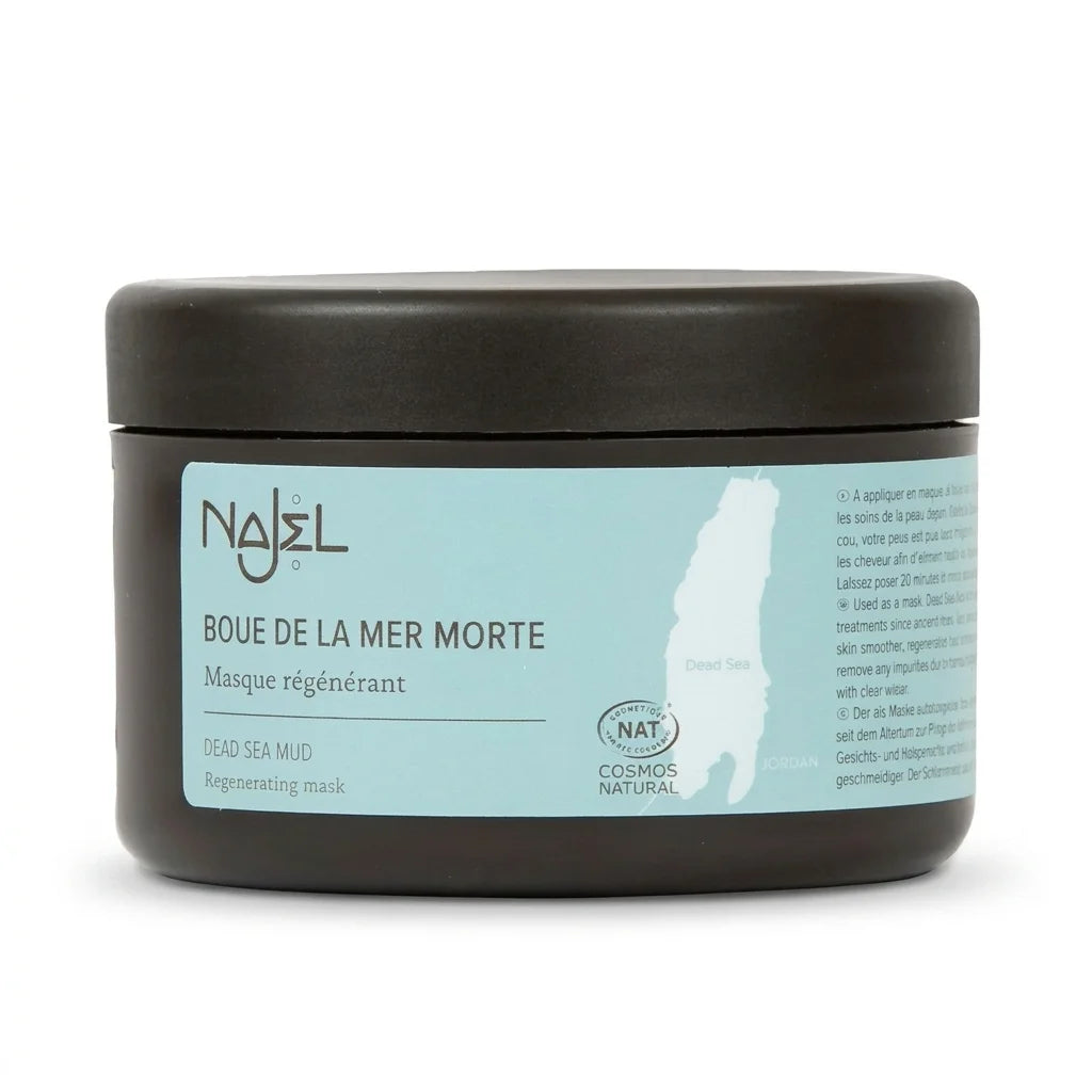 Masque régénérant à base de boue de la mer Morte Najel en pot noir avec étiquette bleu clair