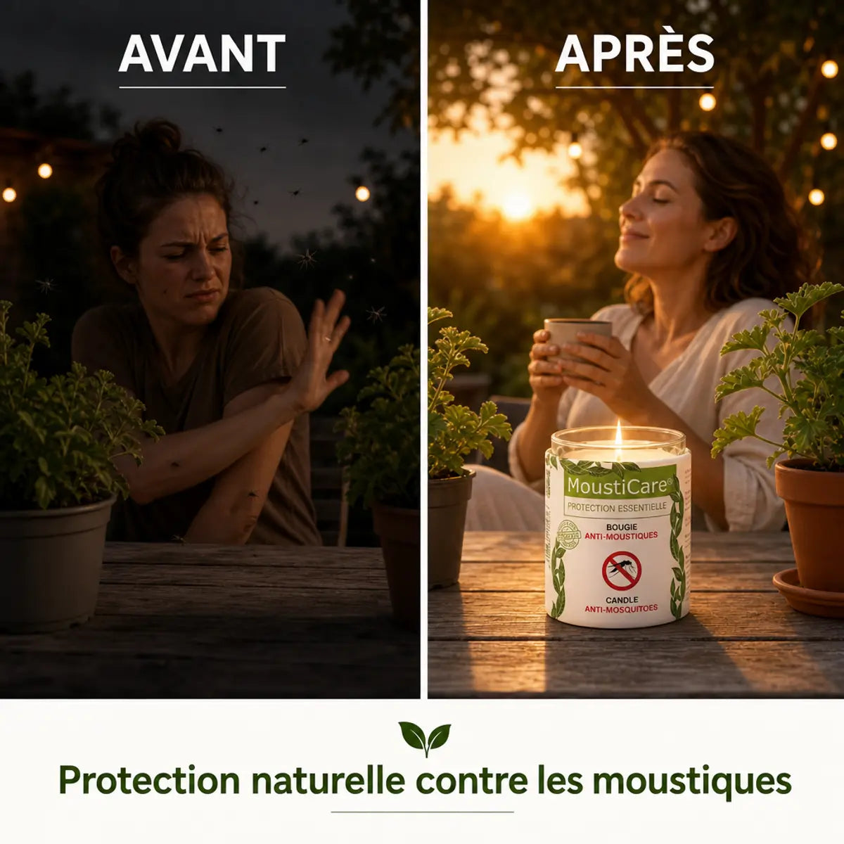 Bougie anti-moustiques MoustiCare avant-après : terrasse protégée sans insectes