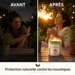 Bougie anti-moustiques MoustiCare avant-après : terrasse protégée sans insectes