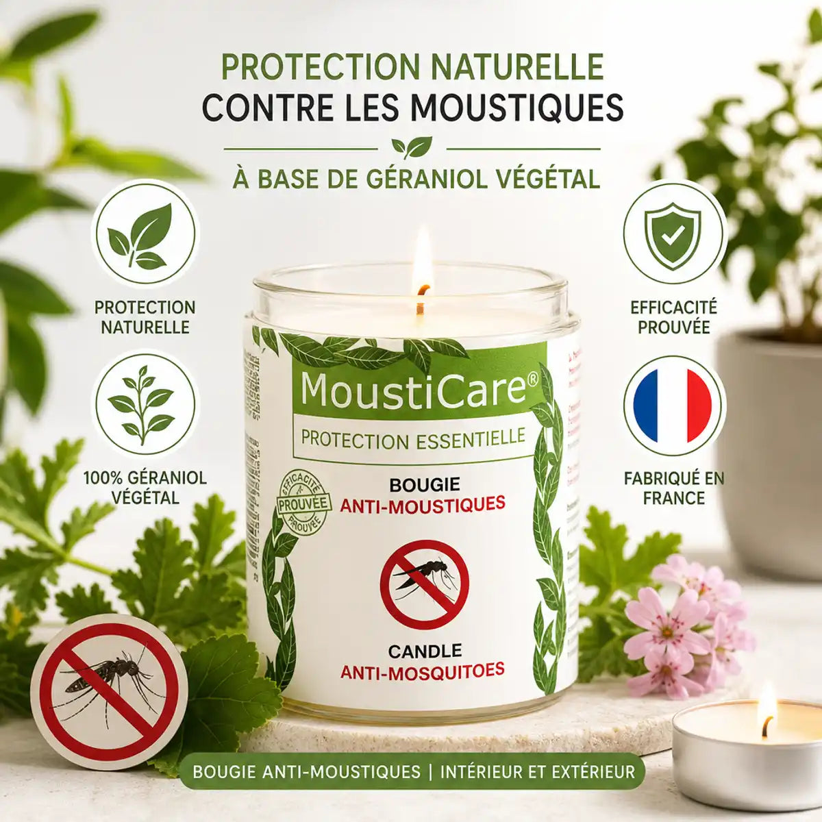 Bougie anti-moustiques MoustiCare avec géraniol végétal, protection naturelle et fabrication française