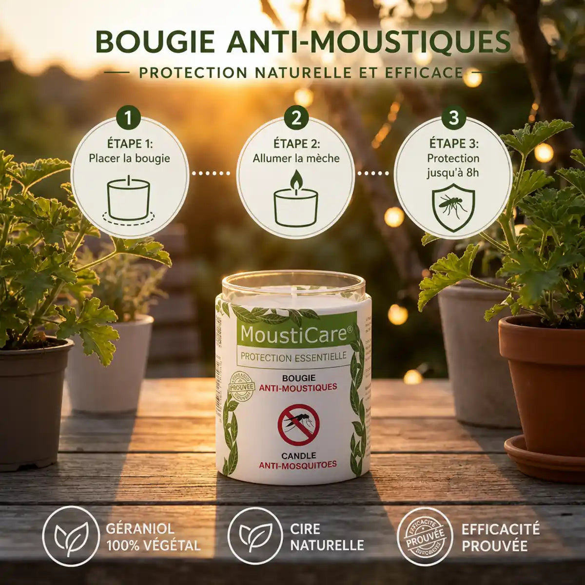 Bougie anti-moustiques MoustiCare avec géraniol végétal, mode d'emploi en 3 étapes sur table extérieure